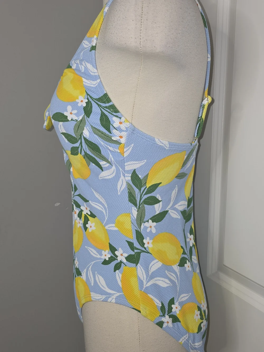 Time and Tru Lemon Print One-Piece Swimsuit Yellow Light Blue Sz L (12-14)
